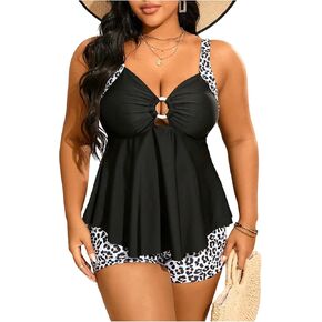 SOLY HUX Women's Plus Size Tankini Swimsuits Leopard Print Two Piece Bathing Suit Swim Tops and Shorts Set
