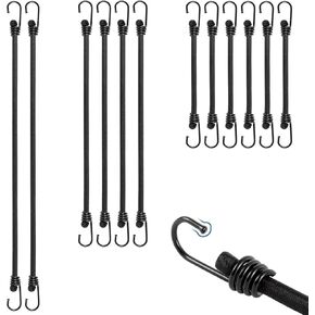 Black Bungee Cords with Hooks Assorted Sizes 12 Pack, 6/12/24 Inch Small Bungee Cords Heavy Duty Outdoor, Bungee Tie Down Straps for Camping, Tarps, Tents, Hiking,Hunting,Trucks and Boats