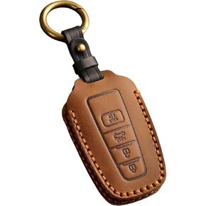Genuine Leather 4-Button Key Fob Cover for Toyota RAV4 Highlander Camry C-HR Avalon Corolla 4Runner Mirai Prius 2018 2019 2020 2021 2022 2023 2024 2025 (Brown)