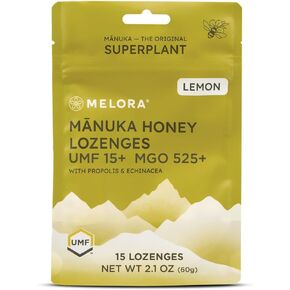 Manuka Honey Lozenges ، Lemon Lozenges for Proting Effort ، 15 قطرات السعال العسل (2.1 أوقية) - جفاف اللوزتينات المملوءة بالبروبوليس و Echinacea ، مصنوعة من العسل الخام لدعم المناعة