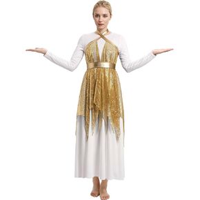 AFAVOM Women's Praise Dance Dress Sparkle Liturgical Lyrical Dance Dress Long Sleeve Worship Church Glitters Tunic Costume
