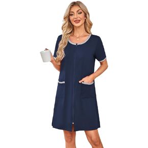 Women Zipper Robe Short Sleeve Bathrobe Lightweight Sleepwear Color Block Housecoat Nightgown with Pockets
