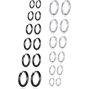 12 Pairs Stainless Steel Huggie Hoop Earrings Black Gold Silver Cartilage Piercings Earrings Tiny Small Hoop Earrings f or Women Men 6/8/10/12/14/16mm
