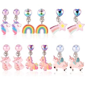 6 Pairs Colorful Clip On Drop Earrings, Resin Clip On Earrings Unicorn Rainbow Non-Pierced Princess Clip On Earrings for Dress Up Princess Jewelry Accessories