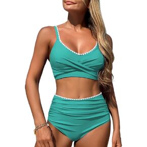 ZAFUL High Waisted Bikini Sets for Women Twist Front Ruched Color Block Two Piece Swimsuits Tummy Control Bathing Suit
