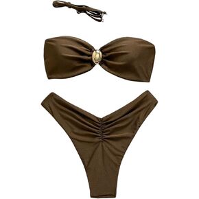 SHENHE Women's 2 Piece Strapless Swimsuit U Wire Floral Tie Back Ruched Bandeau Bikini with Thong Set