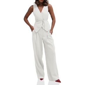 Cicy Bell Womens 2 Piece Outfits V Neck Tie Waist Blazer Vest and Wide Leg Business Casual Suit Pants Sets White