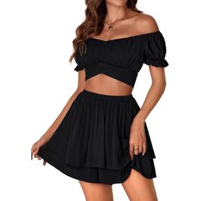 OPOIPIN Women's 2 Piece Outfits Off Shoulder Tie Black Crop Top and Ruffle Mini Skirt Set