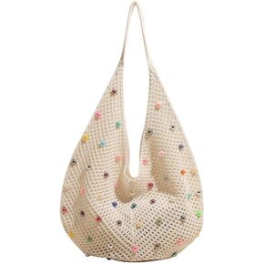 Boho Crochet Beach Tote Shoulder Bag with Colored Beads | Colorful Aesthetic Hippie Knit Bag for Women