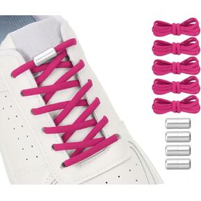 No Tie Shoelaces Tieless Elastic Shoe Laces Replacement, 39" with 4 Metal Locks Buckles Silver Fit for Adults Sneakers Canvas Shoes (5Pcs, Rose Red)