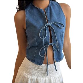Makemechic Women's Denim Vest Bow Top Top Top Front Olcyless Cropess Tops Y2K Jean Vest Jacket