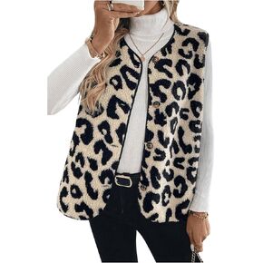 GORGLITTER Women's Cheetah Print Fleece Button Down Vest Coat V Neck Sleeveless Fleece Outerwear