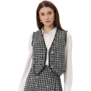 Allegra K Plaid Waistcoat for Women's Vintage Fringe Trim Tweed Suit Vest