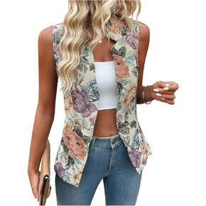 GORGLITTER Women's Floral Sleeveless Blazer Notch Collar Button Down Vest Coat Outerwear