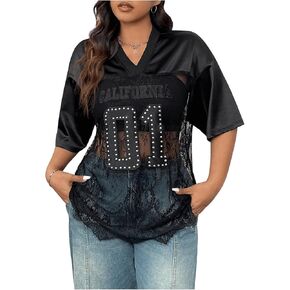 Milumia Women's Plus Size Letter Print Lace Sheer Mesh Jersey Shirt Half Sleeve V Neck Oversized Tee Top
