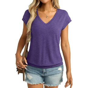 Womens V Neck Cap Sleeve T Shirts Banded Bottom Top Loose Fit Short Sleeves Tee Casual Summer Basic Tops 2025