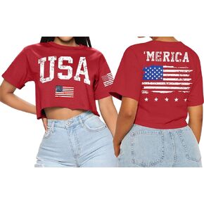 For G and PL Women's 4th of July American Flag Crop Top USA Stars and Stripes Memorial Day Short Sleeve T-Shirts