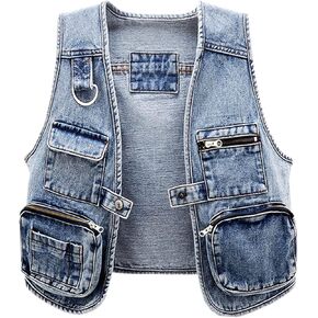 SANGTREE Women's Multi-pocket Short Cargo Denim Vest