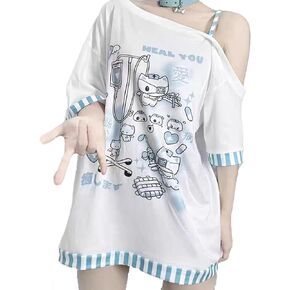 Y2k Kawaii Shirts for Women Cartoon Graphic Tees Off Shoulder Cutecore Shirts Harajuku Fashion Gothic Tops