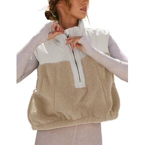 Yeokou Women Fleece Sherpa Vest Cropped Half Zip Sleeveless Warm Fuzzy Contrast Color Outwear Vest Kangaroo Pocket