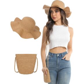 Women’s Wavy Brim Straw Sun Hat & Small Crossbody Straw Bag Set – Summer Vacation Accessories