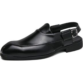 Men's Splice Leather Closed Toe Sandals with Adjust Buckle Strap Anti-Slip Breathable Pointed Toe Block Heel Slides Sandals for Business Walking Driving Office Dress Shoes