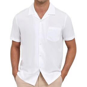 Men's Short Sleeve Button Down Shirt Cuban Collar Anti-Wrinkle Shirt Casual Summer Beach Shirt