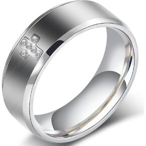 Mens Wedding Band Ring - 8mm Stainless Steel Engagement Promise Rings for Men Women, Cross Classic Ring with Cubic Zirconia for Men Jewelry Gift Ring Size 6 7 8 9 10 11