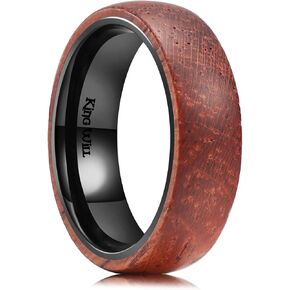 King Will 6/8mm Wedding Band for Men, Silver/Black Hammered Titanium Wedding Ring Inlaid Wood Inner Hole, Wedding Band for Men Matte Brushed Comfort Fit 7-14