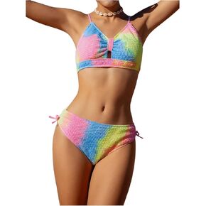 SweatyRocks Girl's Tie Dye Swimsuit Cut Out Drawstring Textured 2 Piece Bathing Suit Swimwear