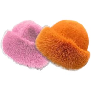 Eforcase 2PCS Women Winter Fuzzy Bucket Hat Warm Faux Fur Fluffy Hat Fisherman Cap Russian Cossack Style Hat for Cold Weather