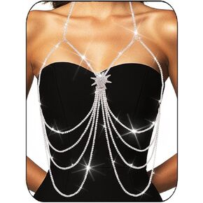BODIY Sparkly Silver Chest Jewelry Rhinestone Layered Body Chain Star Bikini Body Jewelry Crystal Body Accessories for Women