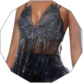 Rhinestone Tassel Body Chain Sparkly Sexy Tops Backless Halter V Neck Top Nightclub Party