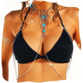 Jeweky Boho Turquoise Body Chain Silver Sand Beach Chest Belly Chains Bikini Bra Accessories for Women