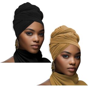 2 PCS headwraps for black wome Stretch Jersey Turban Black Women African Hair Wraps Breathable Super soft and long (Black, brown)