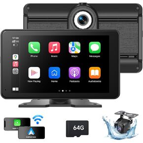 شاشة JIUYIN 2024 Apple Carplay/Android Auto للسيارة، شاشة لمس ستيريو لاسلكية محمولة 7 بوصة عالية الدقة مع كاميرا داش 4K، كاميرا احتياطية، ملاحة GPS، التحكم الصوتي، وصلة مرآة لجميع السيارات