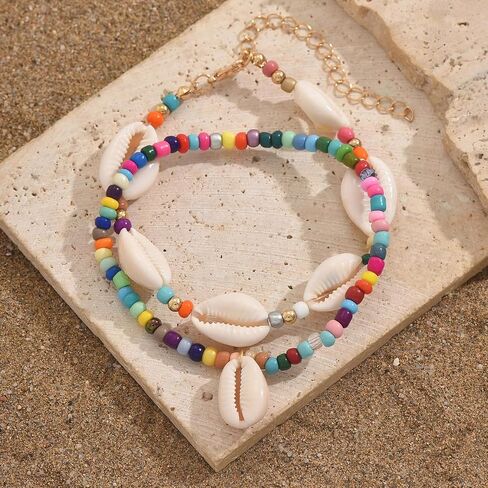 INENIMARTJ Puka Shell Anklets Bracelet for Women Colorful Shell Beaded Anklet Summer Ocean Hawaiian Beach Foot Jewelry Mermaid Seashell Anklets Jewelry for Women in Saudi Arabia
