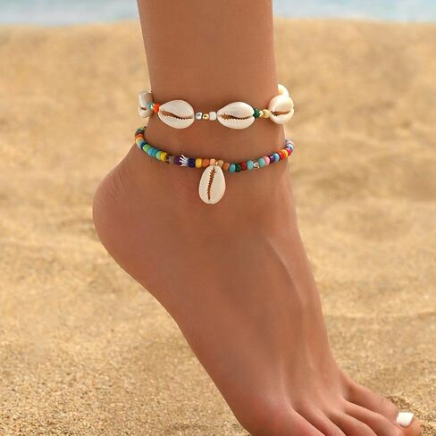 INENIMARTJ Puka Shell Anklets Bracelet for Women Colorful Shell Beaded Anklet Summer Ocean Hawaiian Beach Foot Jewelry Mermaid Seashell Anklets Jewelry for Women in Saudi Arabia