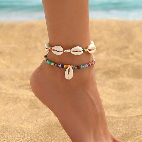 INENIMARTJ Puka Shell Anklets Bracelet for Women Colorful Shell Beaded Anklet Summer Ocean Hawaiian Beach Foot Jewelry Mermaid Seashell Anklets Jewelry for Women in Saudi Arabia