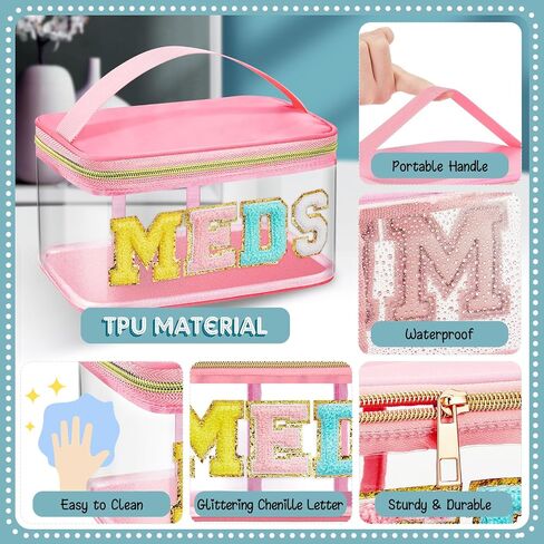 Geetery Chenille Letter Bag Nylon Makeup Portable Cases Preppy Patch Makeup Bag with Zipper Cosmetic Toiletry Storage case for Women(Pink,Chic Meds) in Saudi Arabia