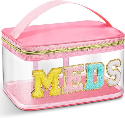 Geetery Chenille Letter Bag Nylon Makeup Portable Cases Preppy Patch Makeup Bag with Zipper Cosmetic Toiletry Storage case for Women(Pink,Chic Meds) in Saudi Arabia