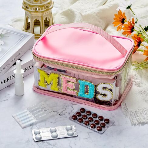 Geetery Chenille Letter Bag Nylon Makeup Portable Cases Preppy Patch Makeup Bag with Zipper Cosmetic Toiletry Storage case for Women(Pink,Chic Meds) in Saudi Arabia