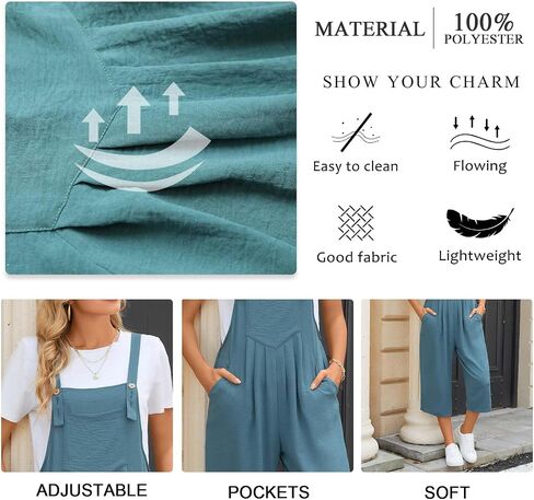 TAOHUADAO Womens Adjustable Jumpsuits Casual Wide Leg Overalls Summer Boho Sleeveless Loose Rompers with Pocket in Saudi Arabia