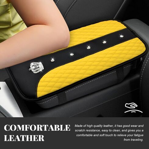 Bling Leather Car Center Console Cover, 12.6"×7.5" Crystal Anti-Scratch Armrest Protector Seat Box Cover, Waterproof Sparkly Auto Console Cushion Decor for Car Truck SUV (Yellow) in Saudi Arabia