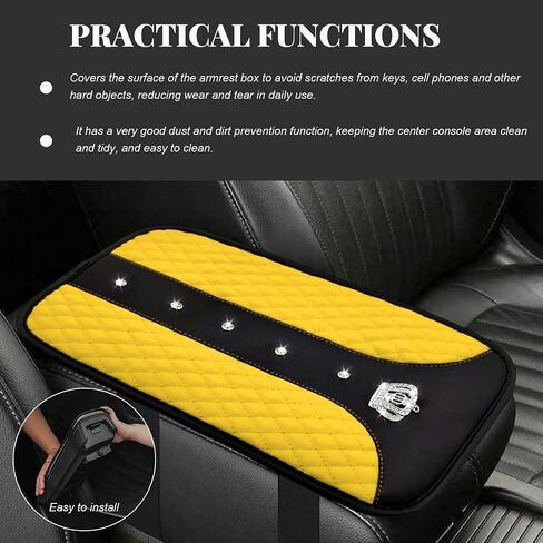Bling Leather Car Center Console Cover, 12.6"×7.5" Crystal Anti-Scratch Armrest Protector Seat Box Cover, Waterproof Sparkly Auto Console Cushion Decor for Car Truck SUV (Yellow) in Saudi Arabia
