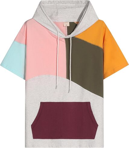 Mens Short Sleeve Hoodie Soft Cotton Color Block T-Shirt Sweatshirt Big Pocket Half Sleeve Summer Pullover in Saudi Arabia