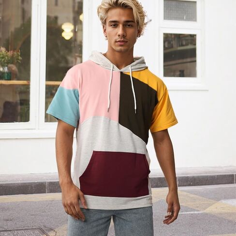 Mens Short Sleeve Hoodie Soft Cotton Color Block T-Shirt Sweatshirt Big Pocket Half Sleeve Summer Pullover in Saudi Arabia