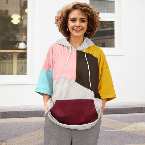 Mens Short Sleeve Hoodie Soft Cotton Color Block T-Shirt Sweatshirt Big Pocket Half Sleeve Summer Pullover in Saudi Arabia