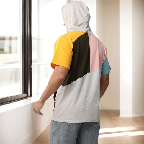 Mens Short Sleeve Hoodie Soft Cotton Color Block T-Shirt Sweatshirt Big Pocket Half Sleeve Summer Pullover in Saudi Arabia