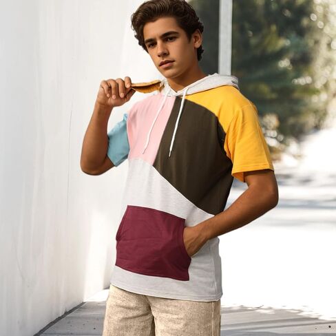 Mens Short Sleeve Hoodie Soft Cotton Color Block T-Shirt Sweatshirt Big Pocket Half Sleeve Summer Pullover in Saudi Arabia